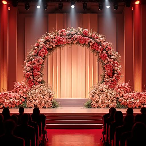 記念式典のステージを彩る、豪華で印象的な舞台装花